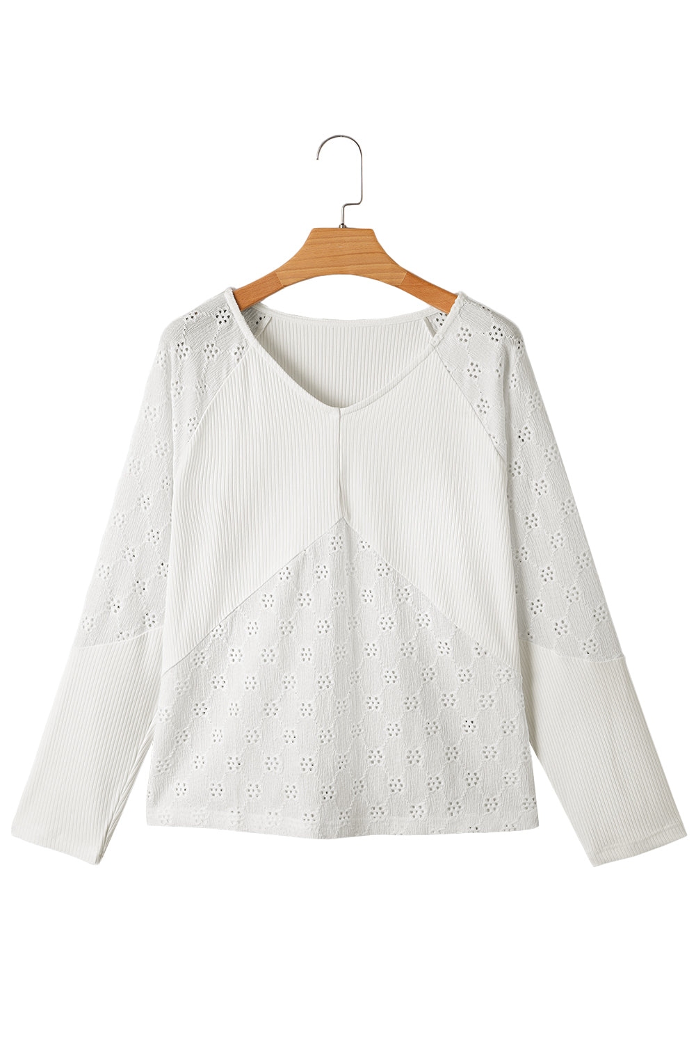 White Twisted Rib Patchwork Embroidered Loose V Neck Long Sleeve Top