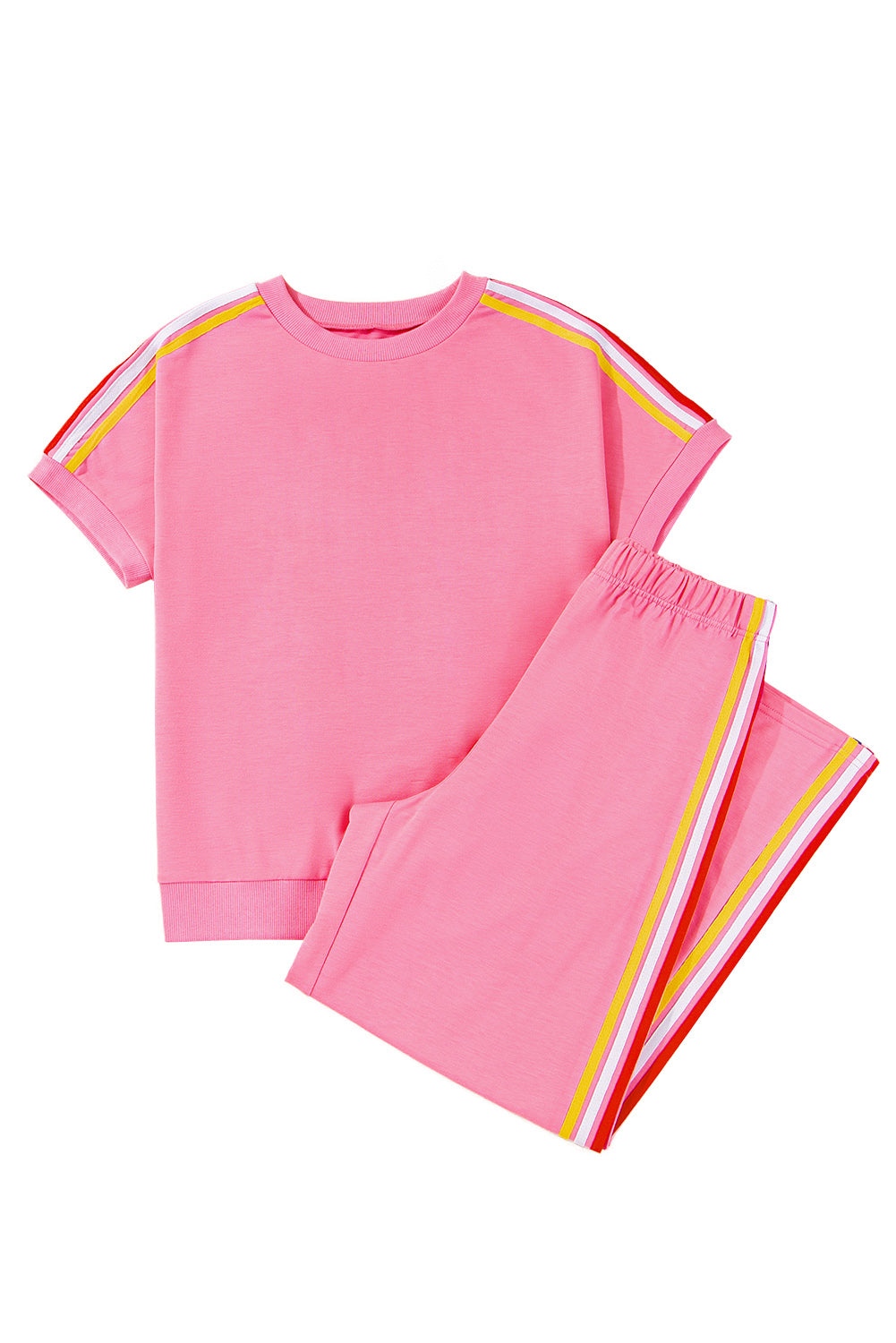 Bonbon Color Contrast Crewneck T Shirt and Wide Leg High Waist Pants Set