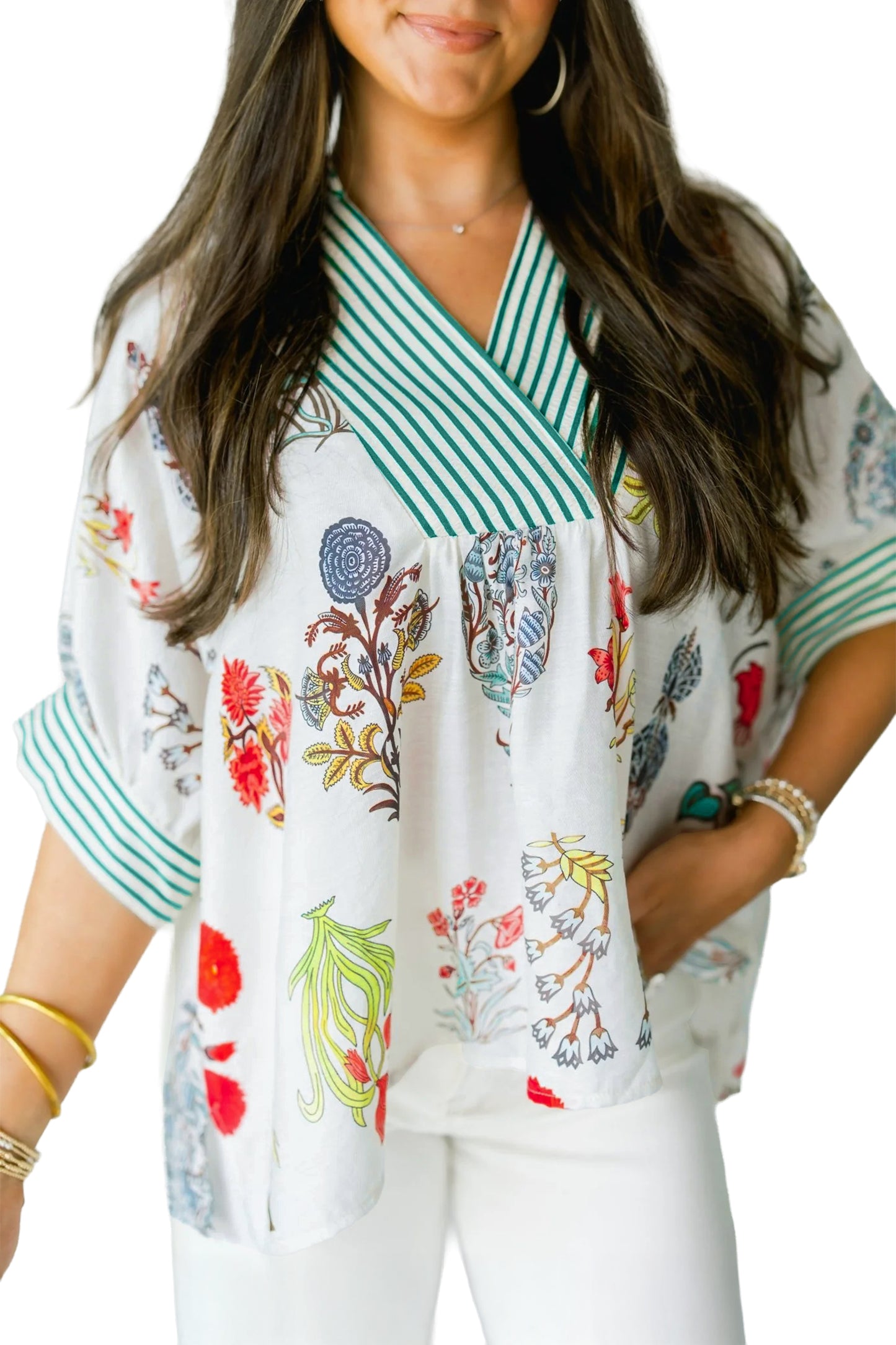 Beige Floral Print Striped Contrast Trim V Neck Half Sleeve Blouse