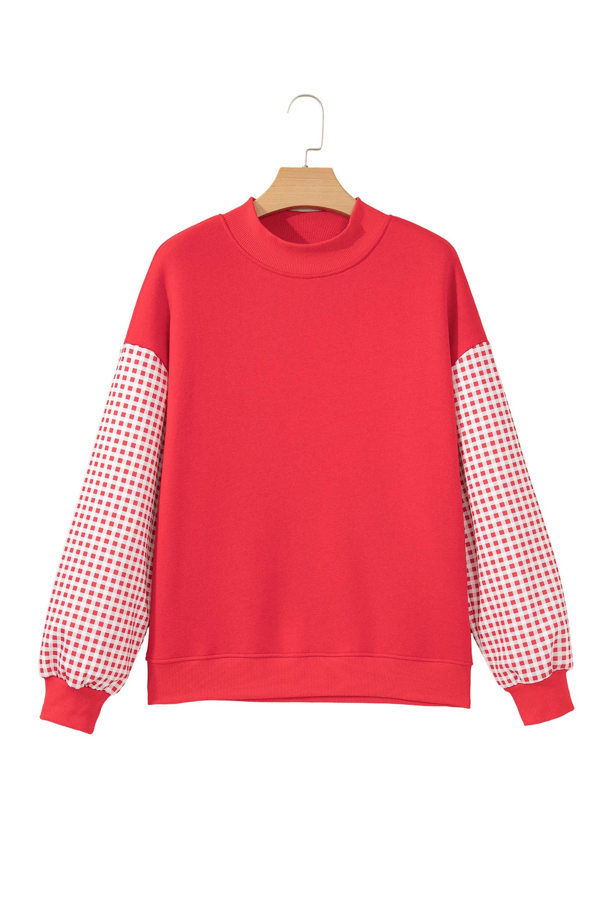 Fiery Red Plaid Sleeve Colorblock Loose Tunic Sweatshirt