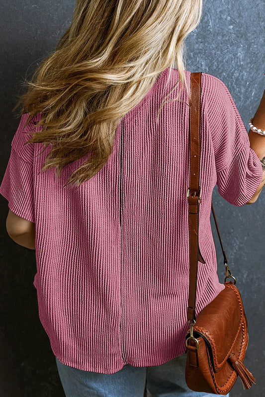 Rose Pink Textured V-Neck Dropped Shoulder Plus T-Shirt - Chic Meadow Boutique