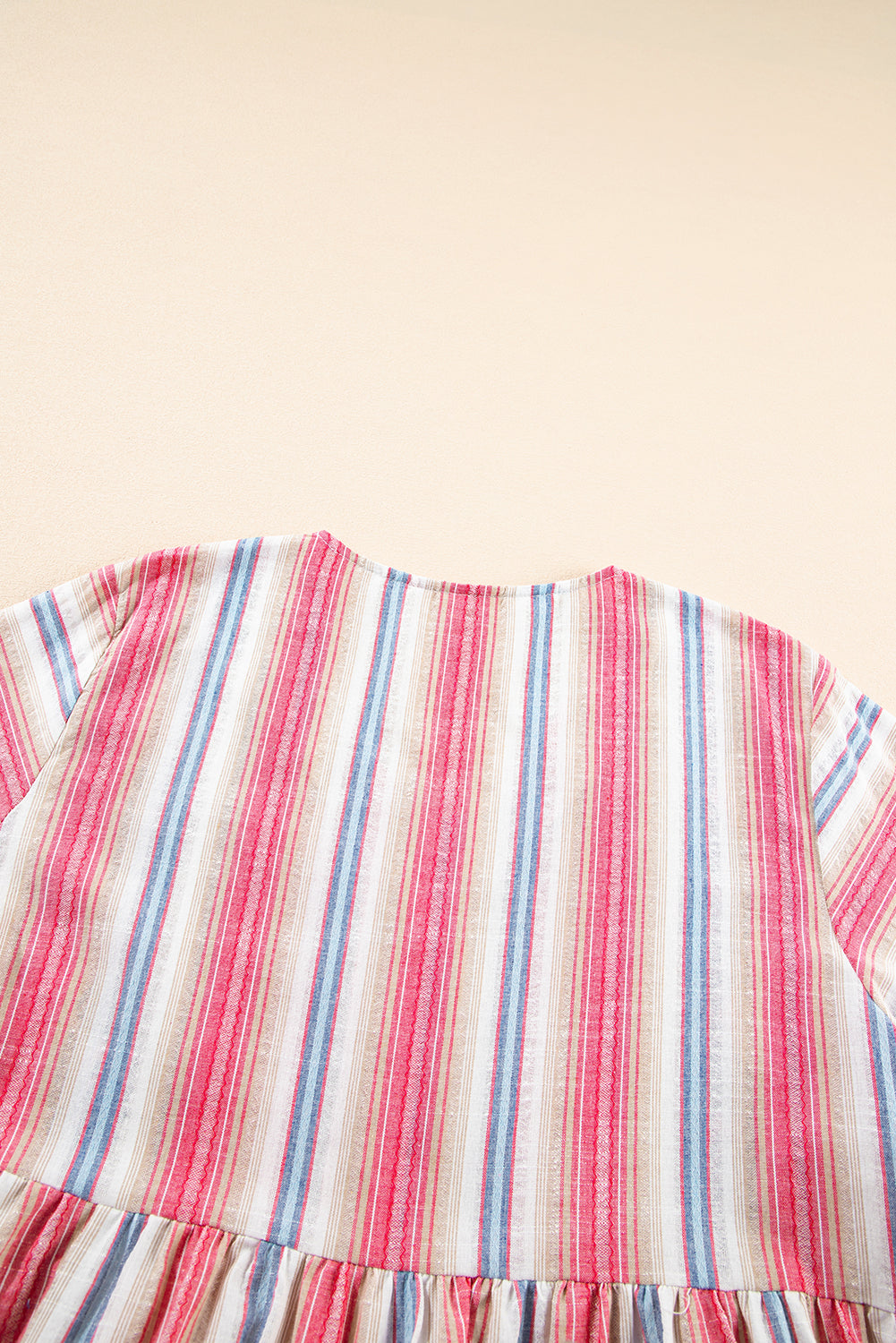 White Stripe Plus Size Embroidered Detail Flared 3/4 Sleeve V Neck Dress