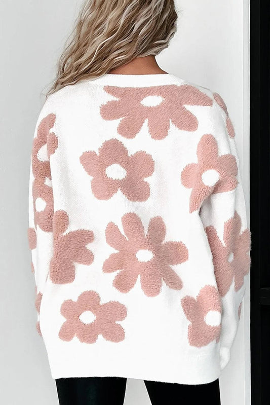 Sweaters & Cardigans/Sweaters White Textured Flower Drop Shoulder Loose Sweater