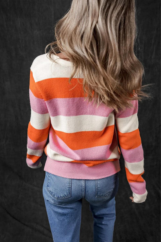 Sweaters & Cardigans/Sweaters Orange Stripe Colorblock V Neck Casual Sweater