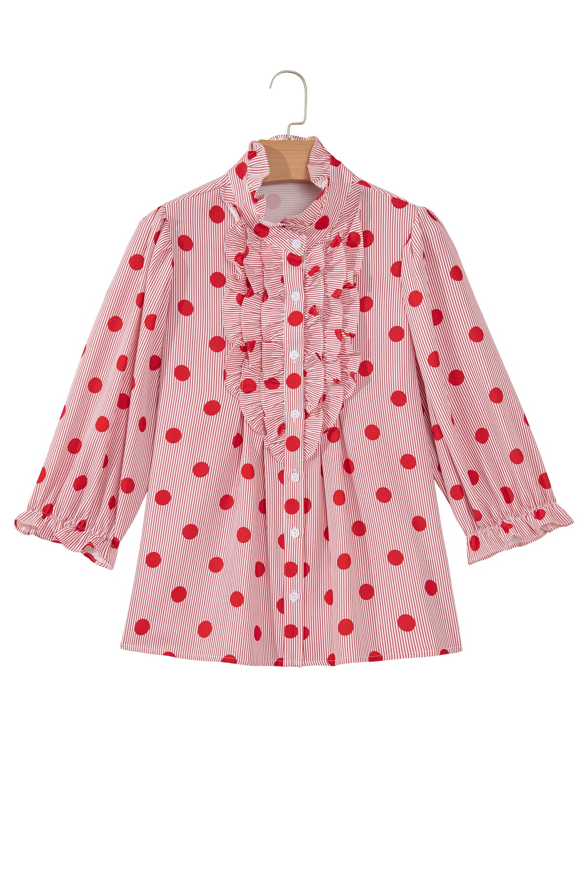 Fiery Red Polka Dot Striped Print Ruffle Stand Neck 3/4 Sleeve Shift Shirt
