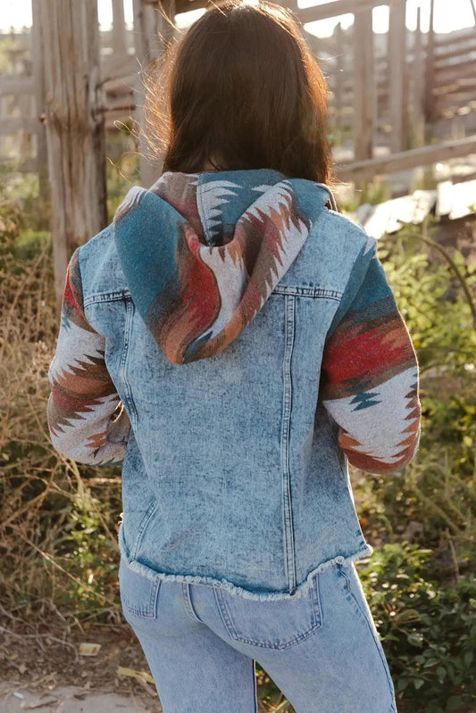 Outerwear/Denim jackets Multicolor Aztec Print Frayed Hem Denim Jacket