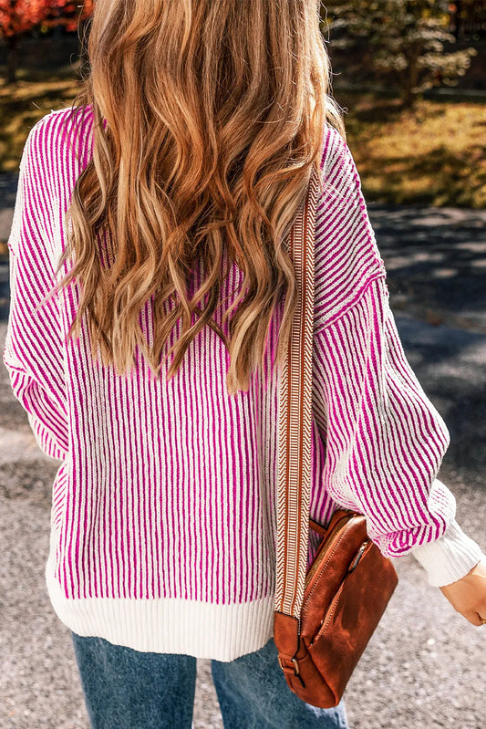 Bright Pink Striped Textured Knit Contrast Edge Loose Sweater - Chic Meadow Boutique