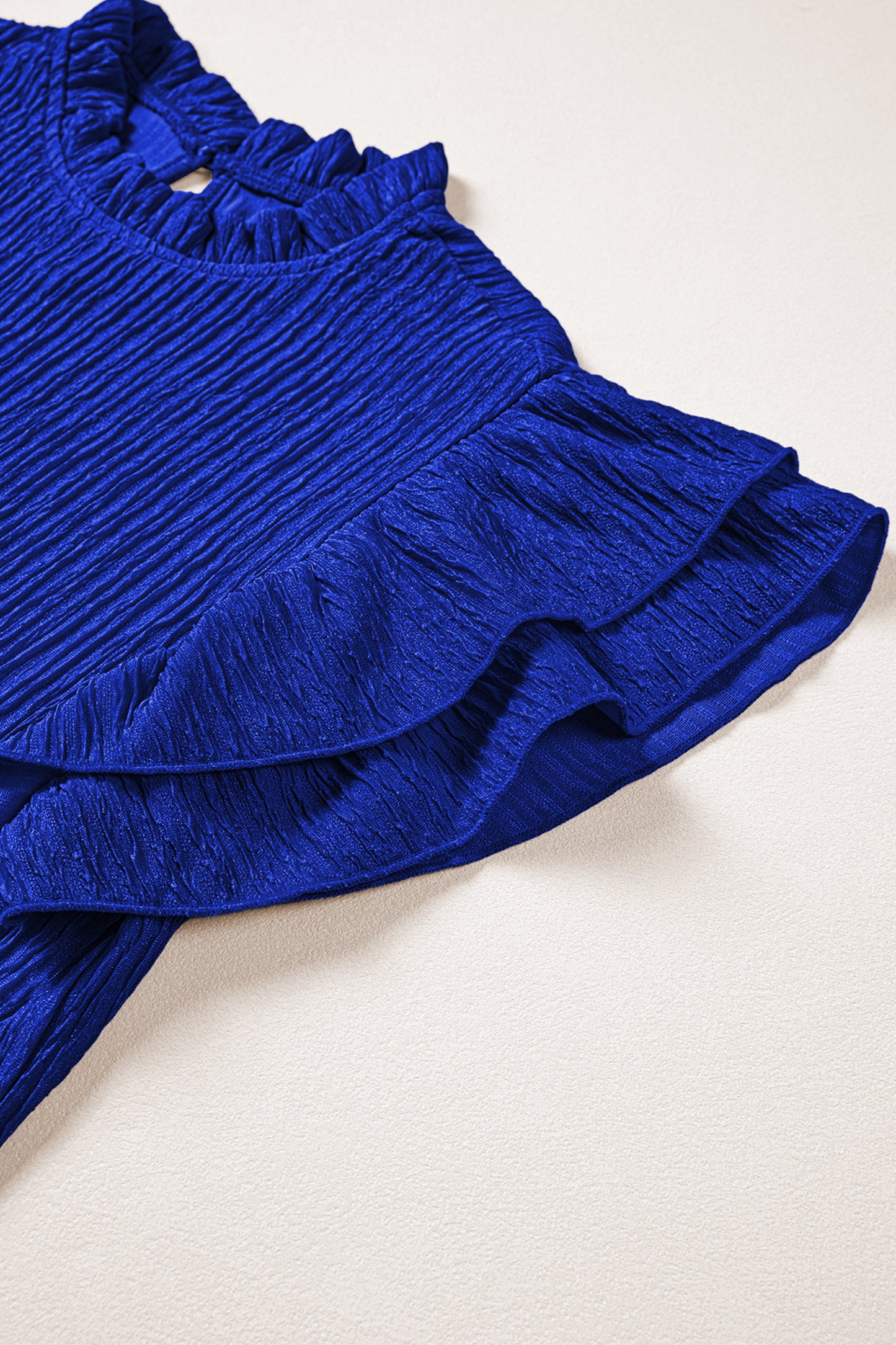 Dark Blue Solid Color Textured Ruffle Trim Short Sleeve Blouse