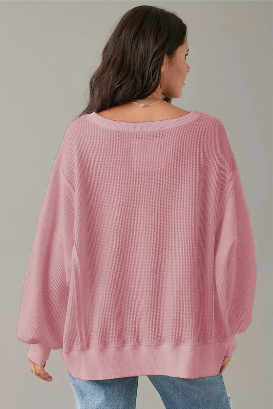 Pink Waffle Knit Bishop Sleeve Split Oversized Sweatshirt - Chic Meadow Boutique