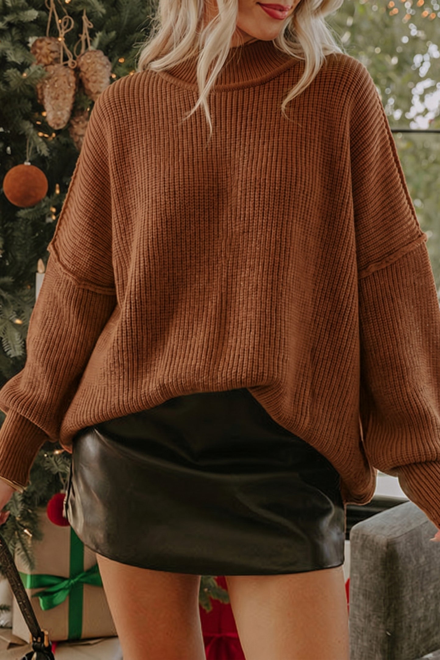Chestnut Long Sleeve Ribbed Knit Stand Neck Regular Fit Pullover Sweater