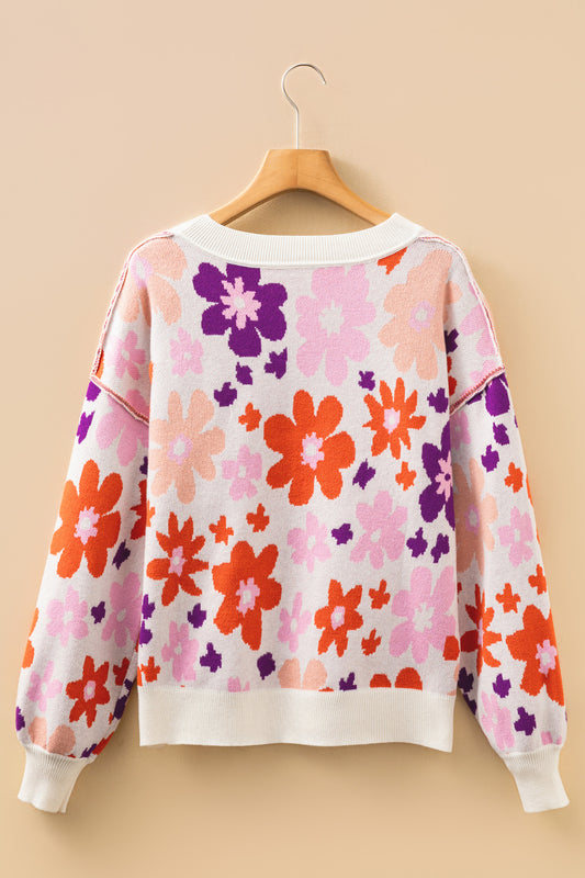 Khaki Fall Floral Pattern Drop Shoulder Sweater