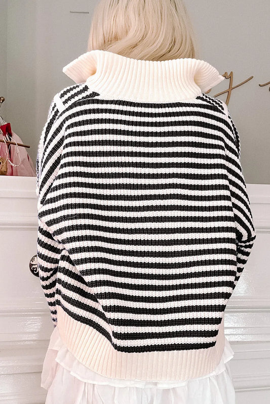 Black Stripe Zip up Collar Drop Shoulder Sweater - Chic Meadow Boutique