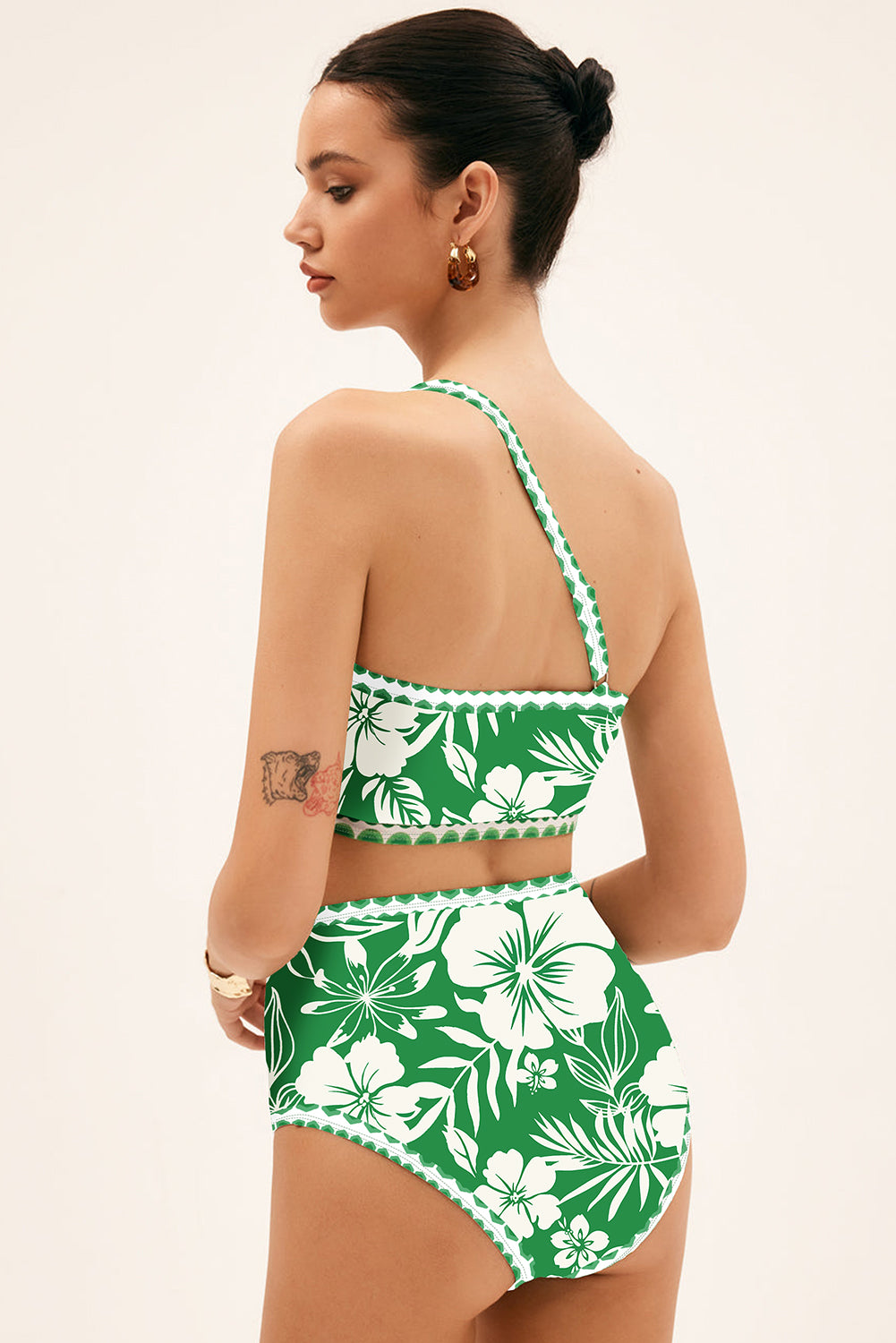 Green Floral Print One Shoulder High Waist Bikini Set