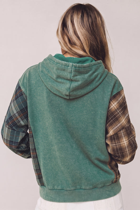 Smoke Green Plaid Colorblock Hoodie