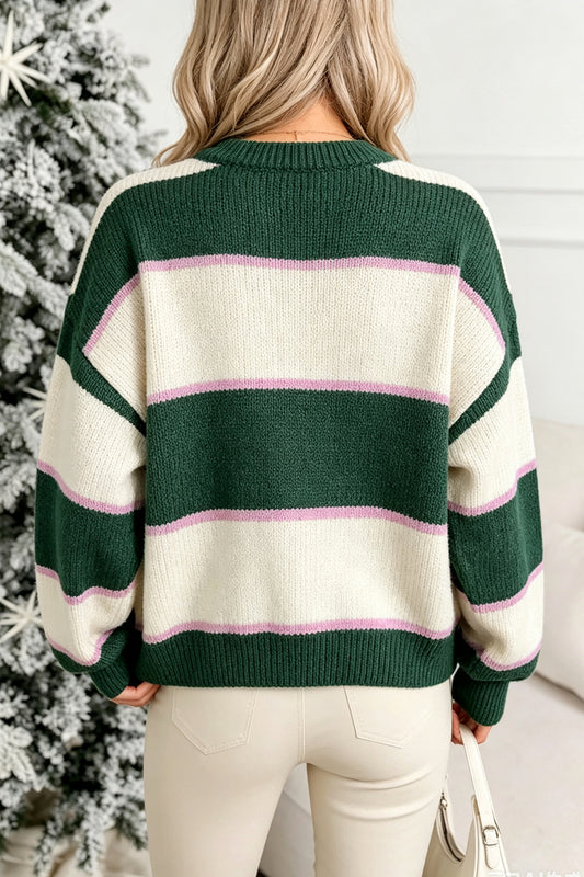 Blackish Green Striped Color Block Knit Dropped Shoulder Loose Pullover Sweater