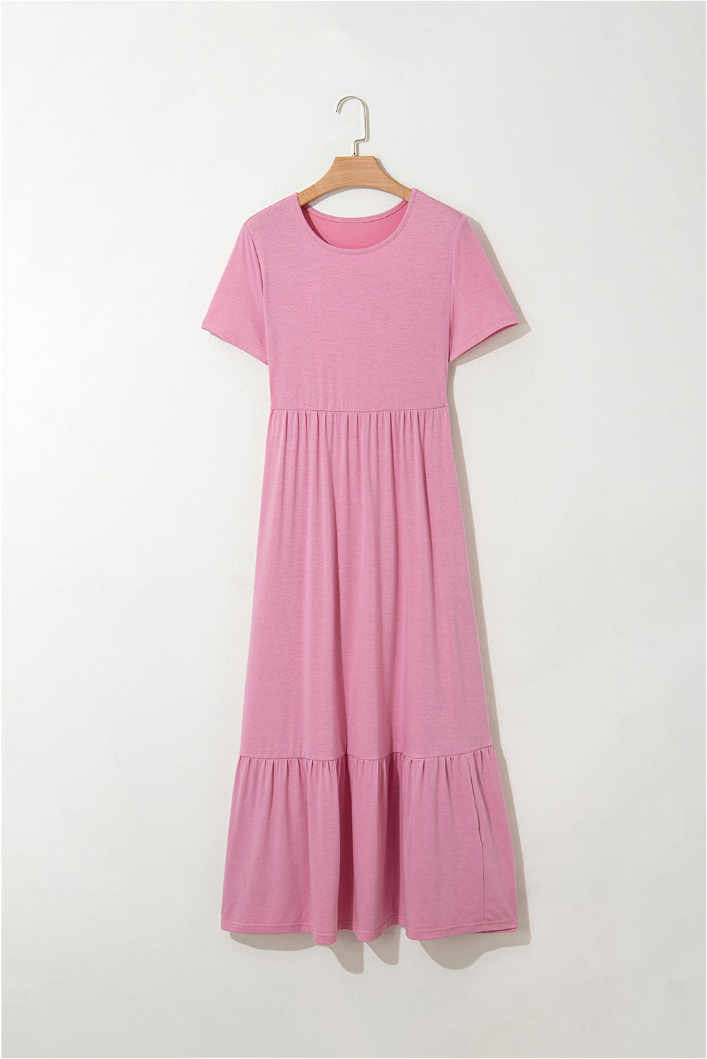 Pink Solid Color T-shirt High Waist Pocketed Long Dress