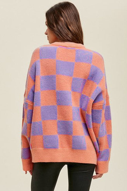 Grapefruit Orange Checkered Pattern Ribbed Trim Knit Baggy Sweater