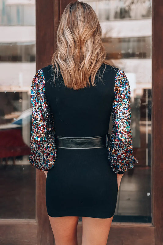 Black Sequin Bishop Sleeve U Neck Mini Sweater Dress - Chic Meadow Boutique