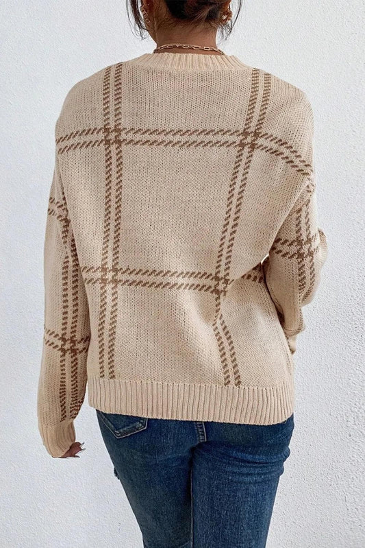 Sweaters & Cardigans/Sweaters Khaki Plaid Pattern Knitted Drop Shoulder Sweater