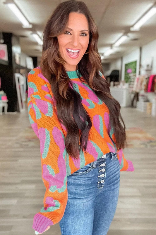 Sweaters & Cardigans/Sweaters Orange Leopard Colorblock Ribbed Edge Sweater
