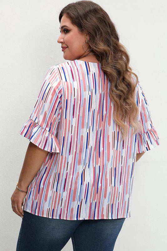 Plus Size/Plus Size Tops/Plus Size Blouses & Shirts White Stripe Ruffled Short Sleeve Plus Size Blouse