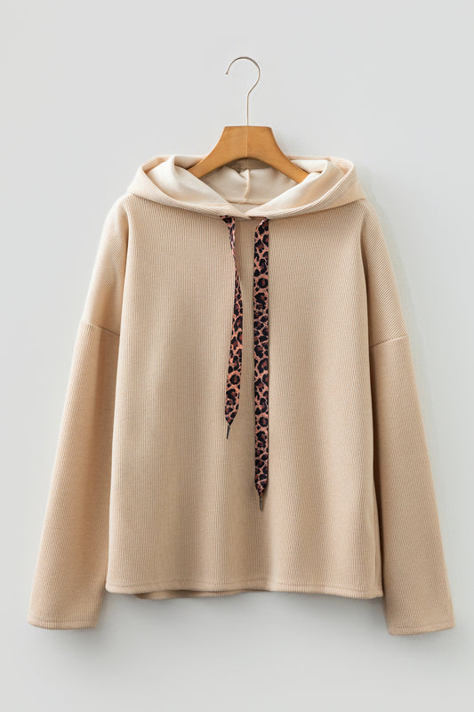 Parchment Thermal Textured Leopard Drawstring Baggy Hoodie