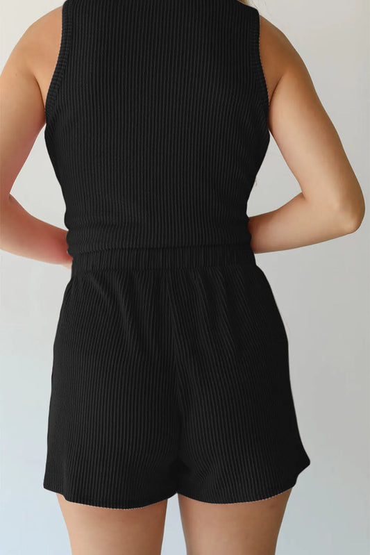 Black Corded Sleeveless Top and Pocketed Shorts Set - Chic Meadow Boutique