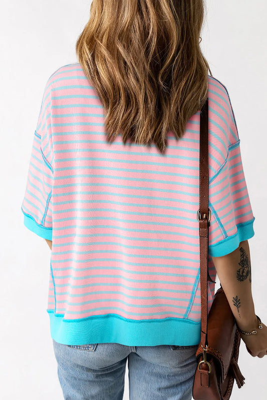 Pink Stripe Oversized Contrast Trim Exposed Seam High Low T Shirt - Chic Meadow Boutique