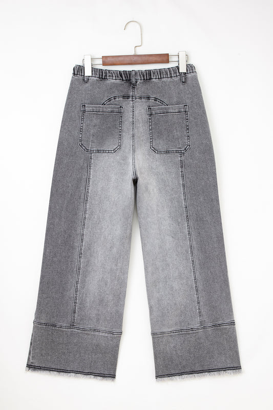 Gray Drawstring Seam Detail Raw Hem Wide Leg Denim Pants