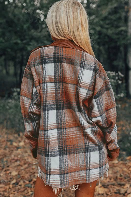 Cinnamon Plaid Corduroy Patchwork Chest Pocket Shacket - Chic Meadow Boutique