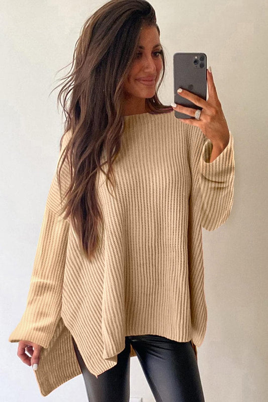 Sweaters & Cardigans/Sweaters Apricot Cable Knit Drop Shoulder Side Slits Loose Sweater