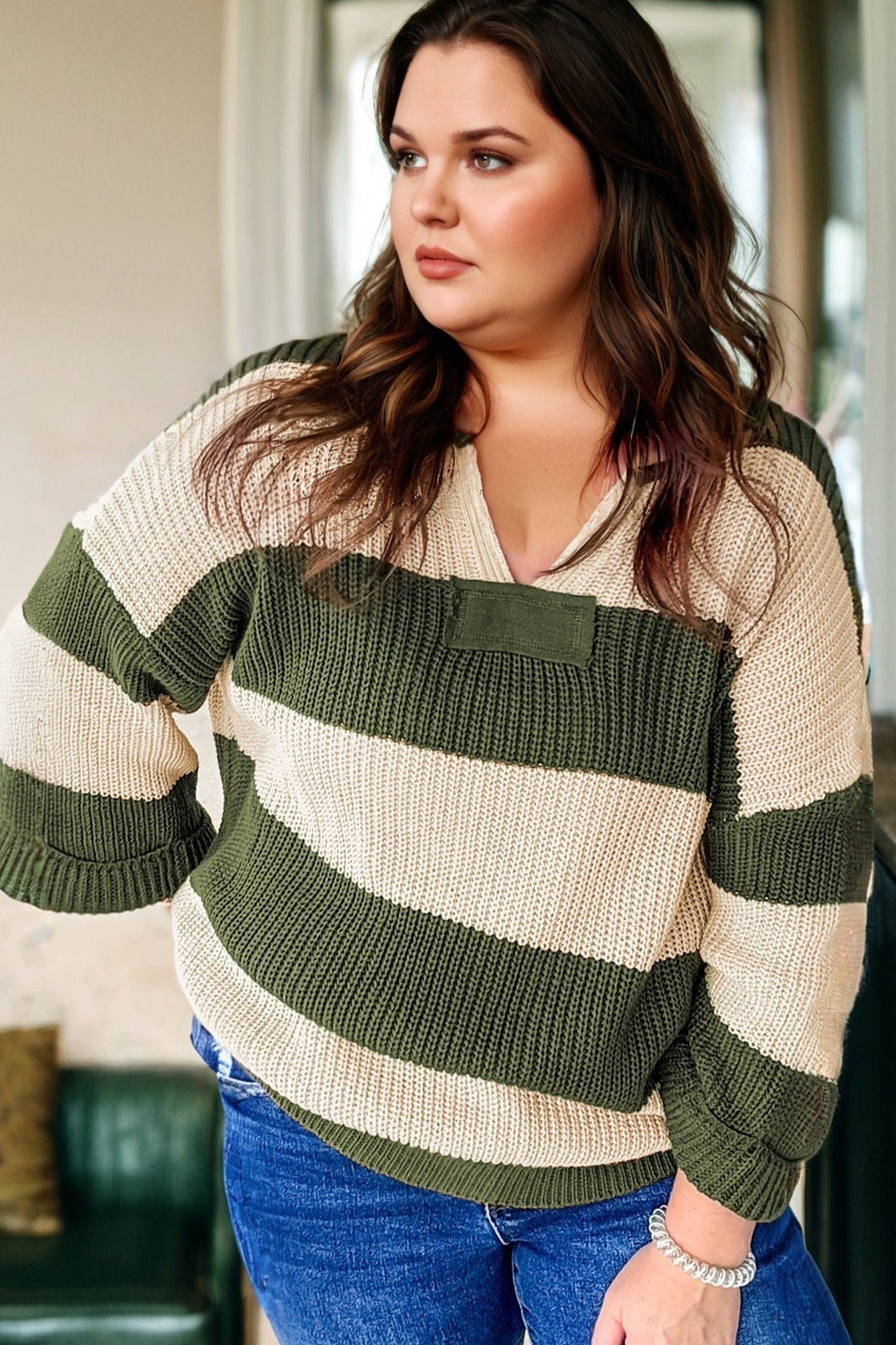 Green Stripe Colorblock Notched Neck Plus Size Sweater