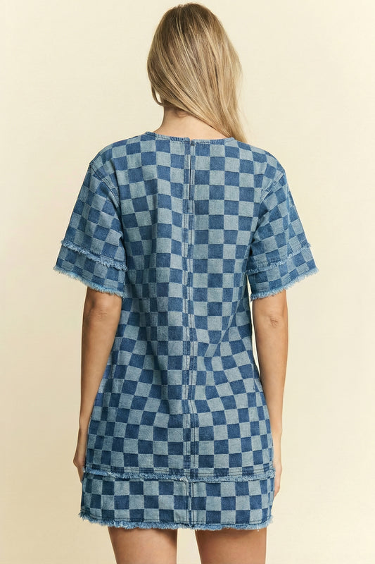 Sky Blue Frayed Hem Checkered Denim Mini Dress