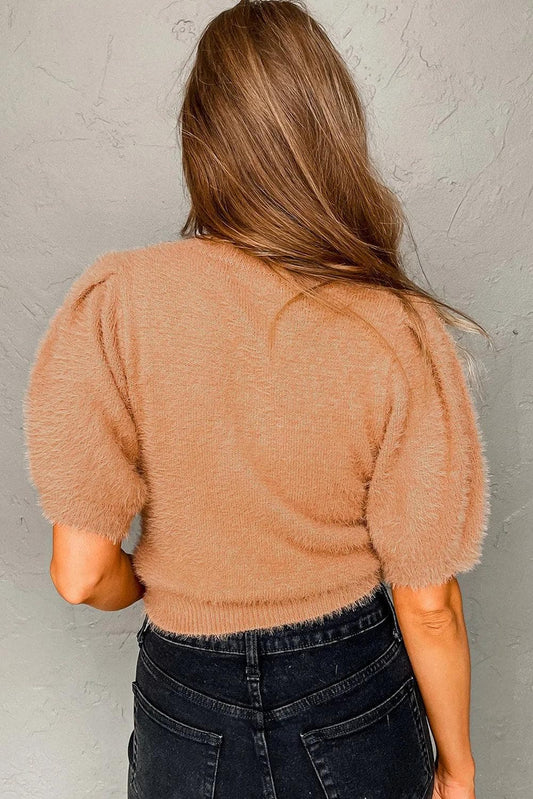 Tops/Short Sleeve Sweaters Light French Beige Fuzzy Short Sleeve Sweater