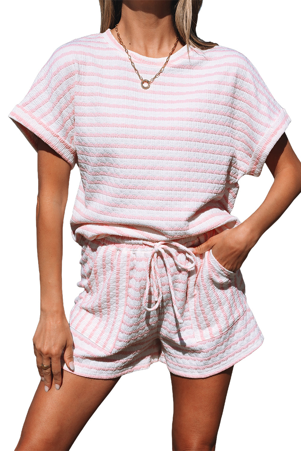 Pink Stripe Knitted Short Sleeve Top and Drawstring Shorts Set