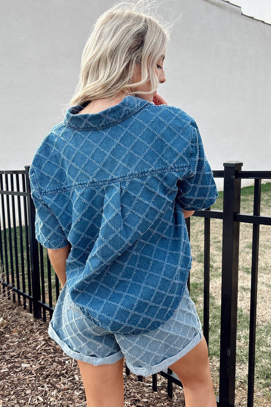 Dusk Blue Checkered Textured Short Sleeve Patched Pocket Denim Shirt