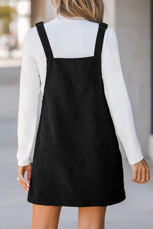 Black Solid Front Pockets Sleeveless Corduroy Overall Dress - Chic Meadow Boutique