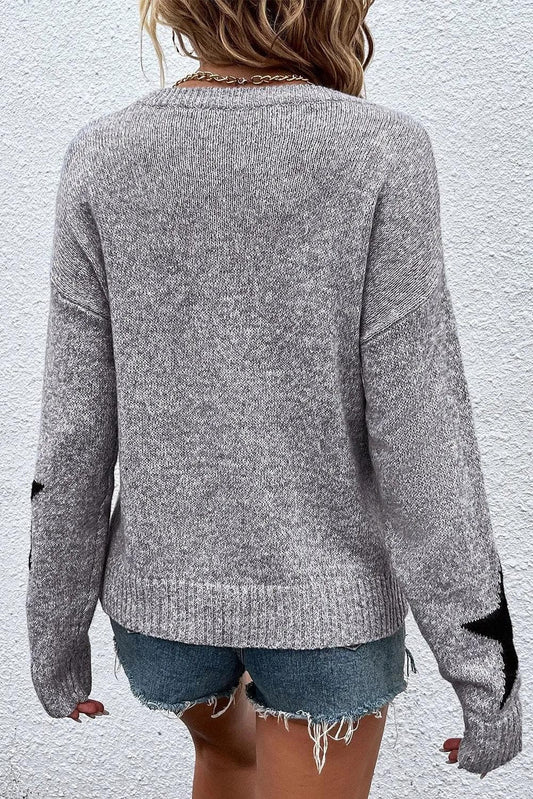 Sweaters & Cardigans/Sweaters Gray Star Pattern Drop Shoulder Sweater