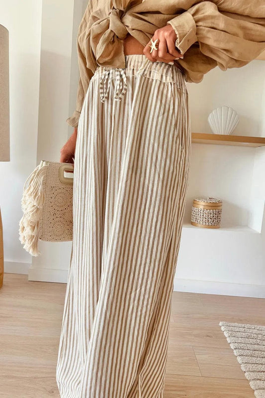 Bottoms/Pants & Culotte Khaki Stripe Print Wide Leg Drawstring Pants