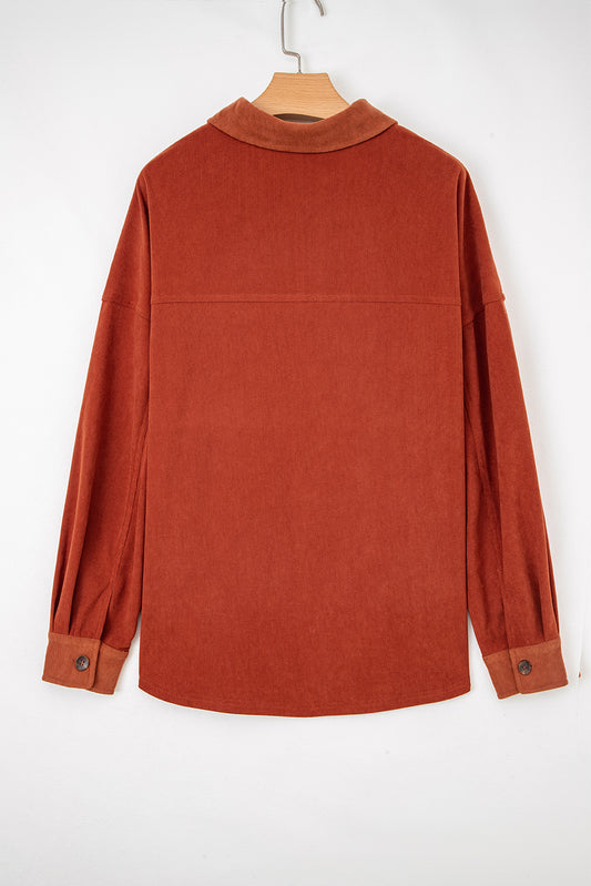 Gold Flame Velvet Flap Pockets Drop Shoulder Casual Shacket