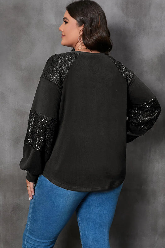 Black Plus Size Sequin Patchwork Crew Neck Long Sleeve Top - Chic Meadow Boutique