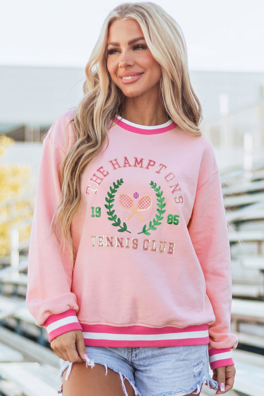 Pink Embroidered Tennis Club Crew Neck Pullover Sweatshirt