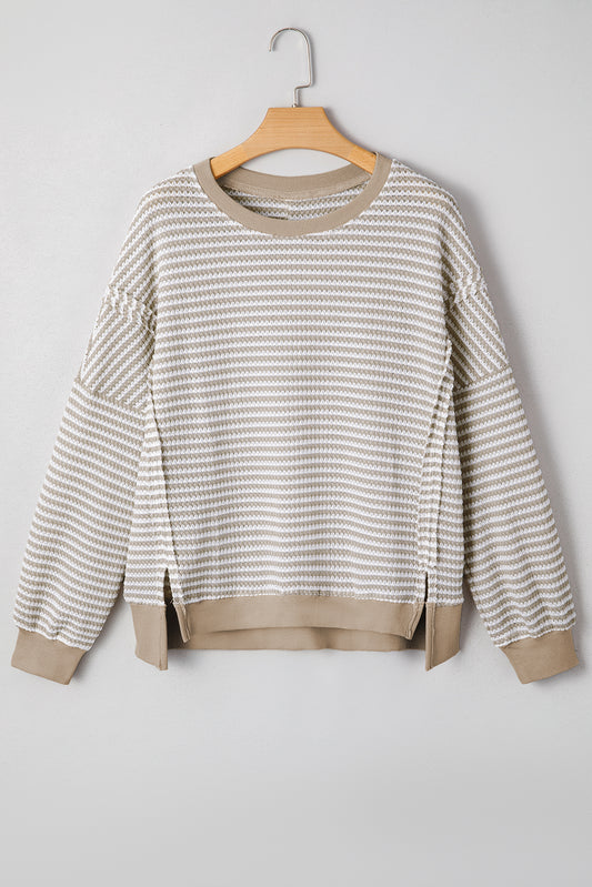 Brown Stripe Ribbed Trim Drop Shoulder Long Sleeve Oversize Top