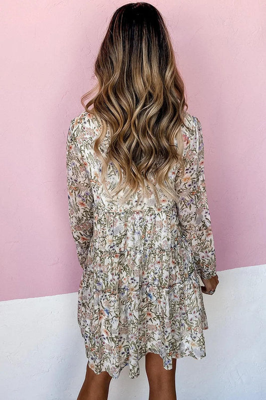 Dresses/Floral Dresses Green Floral Print Tiered Frilled Shirred Mock Neck Mini Dress