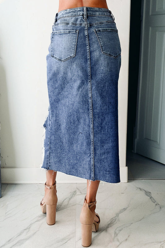 Sail Blue Dearlove Irregular Distressed Bottom Denim Midi Skirt