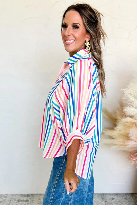 Pink Stripe 3/4 Sleeve Button Up Casual Shirt - Chic Meadow Boutique