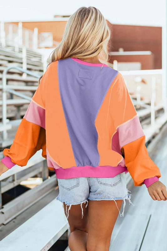 Tops/Long Sleeve Tops Orchid Petal Colorblock Patchwork Exposed Stitching Oversize Top