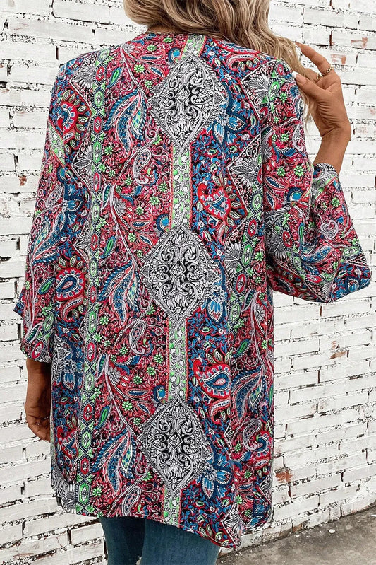 Red Paisley Print Open Front Kimono - Chic Meadow Boutique