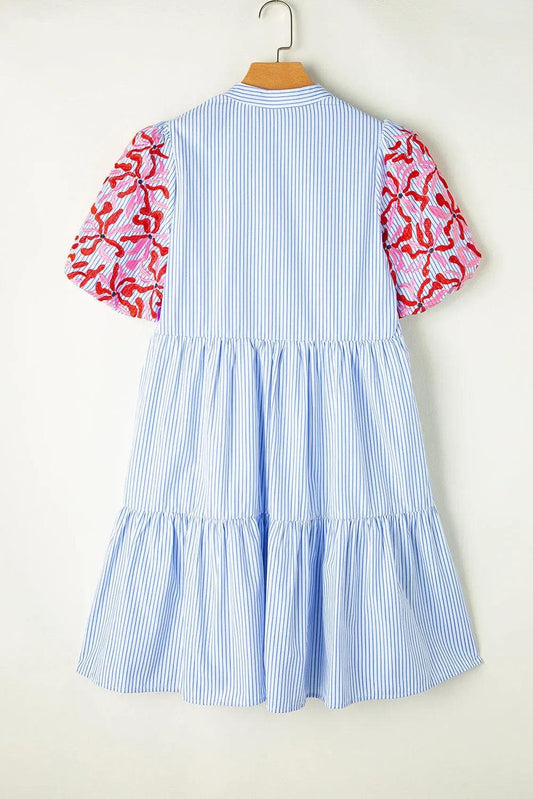 Dresses/Mini Dresses Sky Blue Stripe Contrast Floral Puff Sleeve Tiered Ruffle Dress