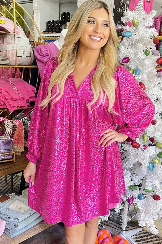 Rose Red Metallic Leopard Print Collared Babydoll Mini Dress - Chic Meadow Boutique